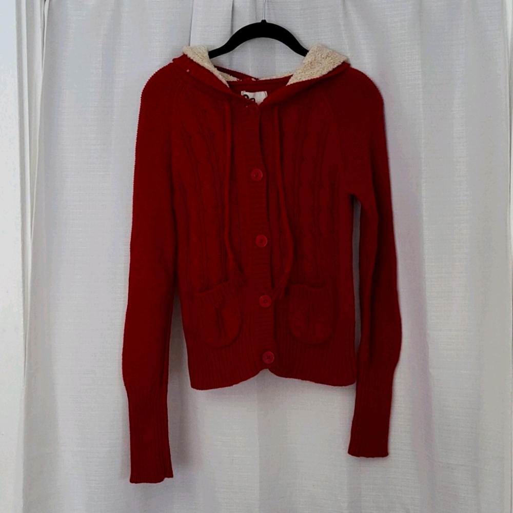 Cable-knit button up sweater with sherpa hood